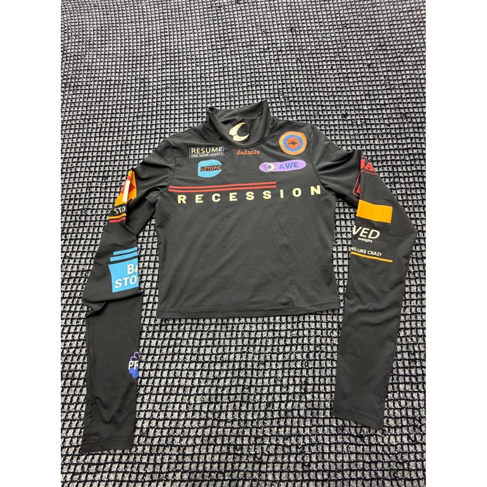 MEYSIKIM Graphic Crop Top Women Large Black Streetwear Racing Mock Neck